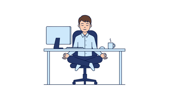 A cartoon office worker meditating in a lotus position at his desk to find peace during work hours