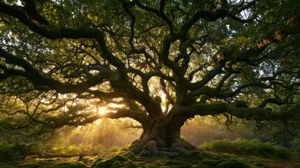 Fototapeta premium Panoramic view of ancient oak branches bathed in warm golden light