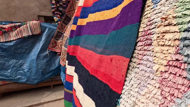 Brightly striped Berber rugs and textiles displayed against a wall, Morocco, daylight