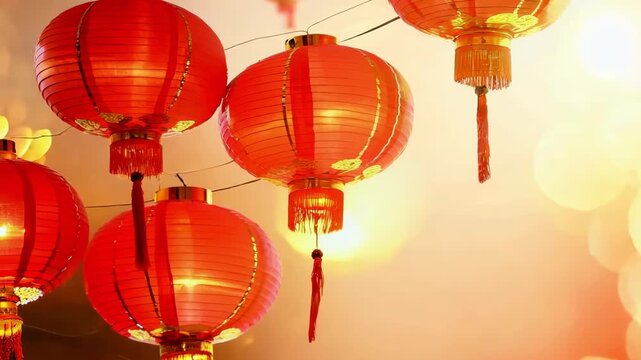 Red Chinese lanterns with golden tassels hanging in warm glowing light, Lunar New Year decoration, Asian festival tradition and prosperity.