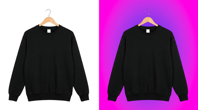 A plain black crew neck sweatshirt hanging on a wooden hanger, isolated on a white background, for apparel display, and clothing mockups