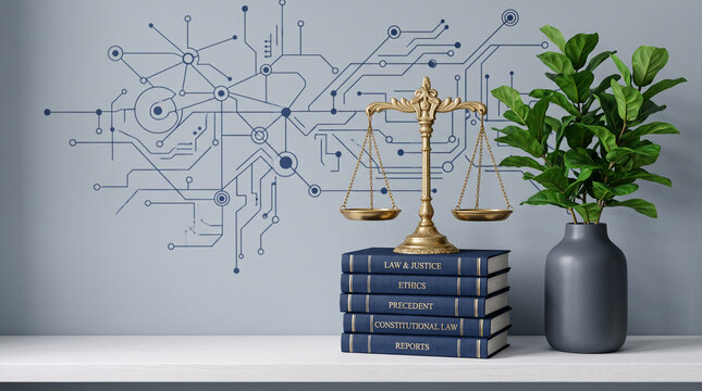 Scales of justice on law books, representing legal concepts and symbolizing fairness, law, and order, with a tech background and plant