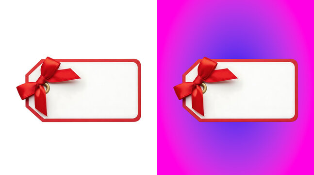 A rectangular white gift tag with a red border and a decorative red ribbon bow, isolated on a white background, for holiday or, event labeling