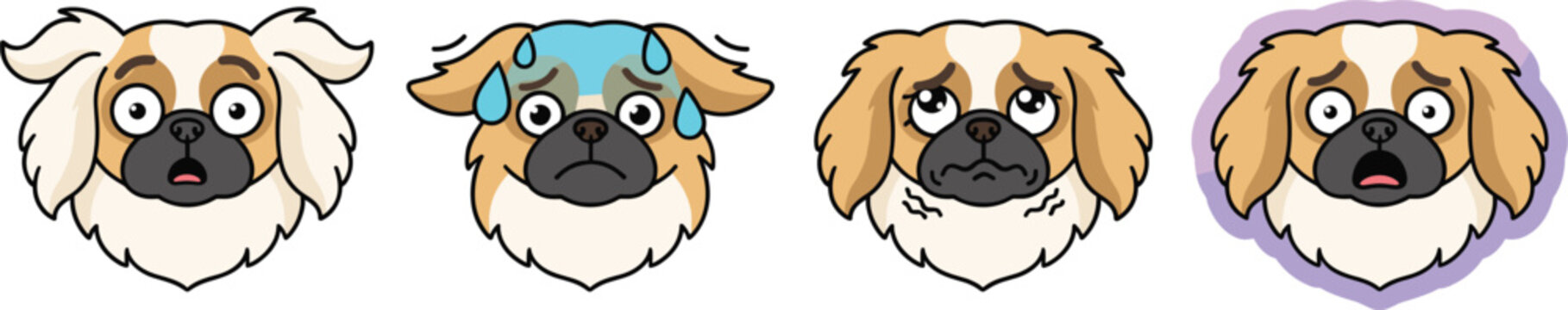 Pekingese dog emoji faces set showing scared, shocked, sweating, and nervous expressions for pet care communication stickers and digital avatar design.
