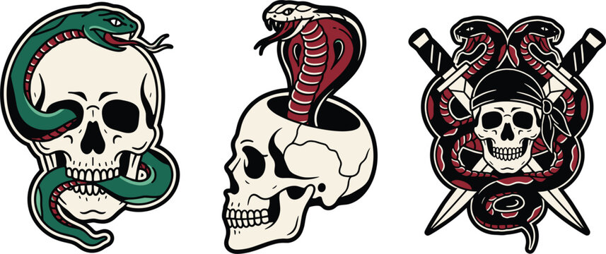 Skull and snake tattoo vector vector set featuring traditional old school flash designs with deadly cobras, crossed daggers, and skeletons for rock apparel merchandise.