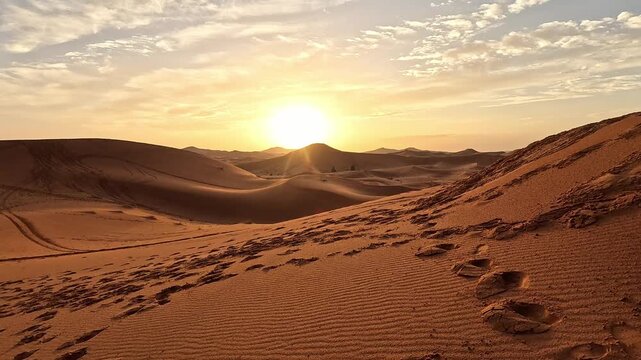 Sun low over the sculpted dunes of Erg Chebbi, Merzouga, Morocco, warm sunset glow