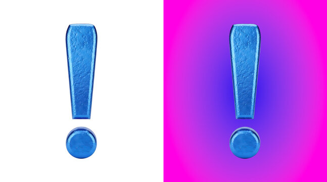 A three dimensional exclamation mark symbol with a textured blue metallic surface, isolated on a white background, for use
