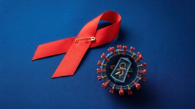 Red Ribbon Awareness And HIV Virus Model On Blue Background
