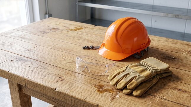 Orange hard hat safety glasses and heavy duty work gloves placed neatly on rustic wooden workbench