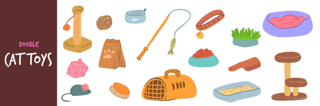 Cute colorful doodle cat toys and pet care accessories. Set vector illustration isolated on white background