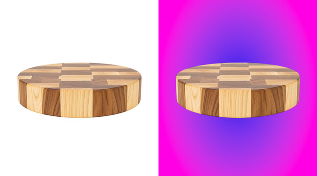 Round wooden cutting board with a checkerboard pattern made of light and dark wood blocks, isolated on a white background, view