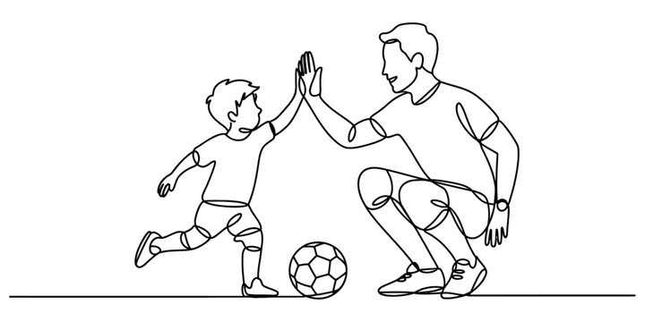 Happy father and son giving a high five after playing soccer together as a continuous line drawing Vector, illustration