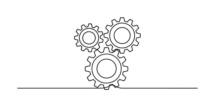 Continuous single line drawing of three connected mechanical gears on a white background Vector, illustration