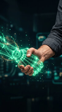 Human hand shaking a futuristic wireframe robot hand with glowing green circuits, symbolizing technology, partnership, and innovation
