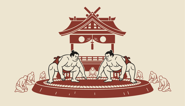 Two professional sumo wrestlers prepare for a match inside a traditional clay ring while audience members sit on the floor of the shinto shrine.