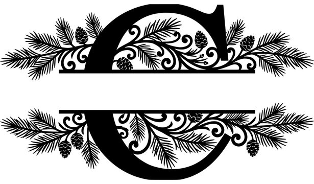 Split letter c monogram with pine branches and pinecones for christmas and winter holiday craft projects