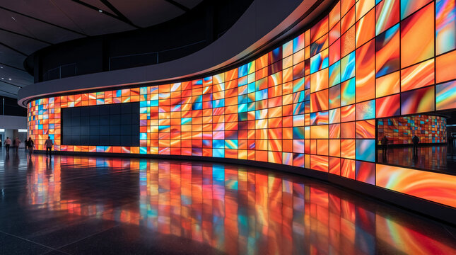 Vast curved display wall with vibrant orange, red, and blue abstract patterns, reflecting on a glossy floor, symbolizing modern technology and dynamic visual experiences