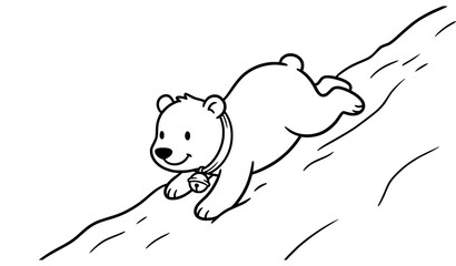 A cute cartoon bear cub wearing a bell collar sliding down a snowy hill in a line art style © Smail