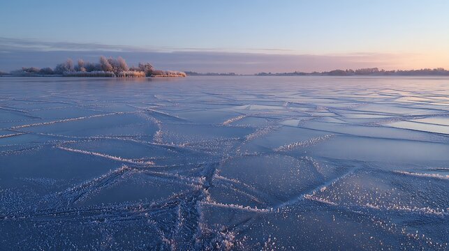 Cracked ice surface on a frozen lake at sunrise with distant trees and a clear sky representing winter and cold weather