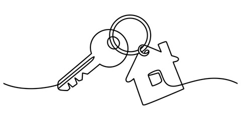 Obraz premium Minimalist continuous single line art drawing of a house key with a simple house shape keychain representing home ownership real estate and property concept Vector, illustration