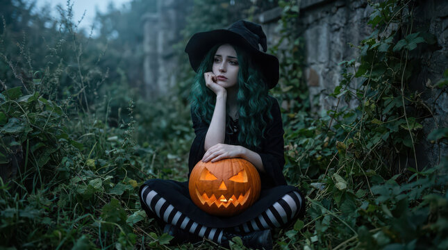 Witch with green skin and black pointed hat sits among overgrown ivy near stone ruins, holding a glowing carved jack o lantern between striped stockings, dark fantasy Halloween concept for celebration