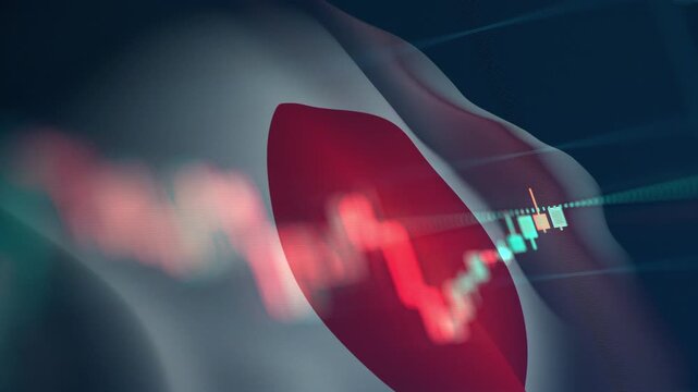 A dynamic timelapse video featuring fast moving stock market candlestick bars blended with a waving Japanese flag, representing Japan economy, Nikkei financial markets, and Asian trading dynamics.