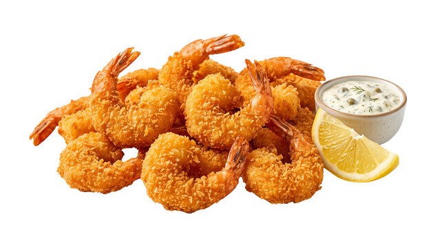 Crispy golden fried shrimp platter, breaded butterfly prawns with tartar sauce and lemon, crunchy seafood appetizer on white background