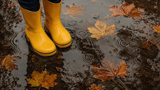 Yellow Rain Boots Standing in Autumn Puddle. AI Generative.