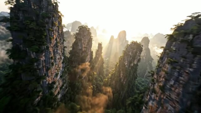 Aerial cinematic view of zhangjiajie sandstone pillars with morning mist and golden sun rays wulingyuan