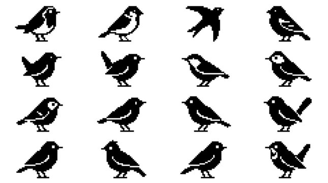 Pixel art bird silhouette icons set.