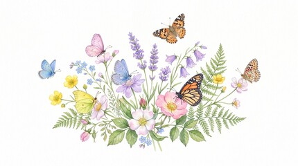 Fototapeta premium Watercolor floral arrangement with butterflies and wildflowers on white background