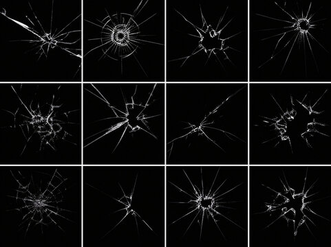 Multiple Shattered Glass Impact Patterns Isolated on Black Background. Cracked Surface Texture for Damage, Accident, Security, Breakage, and Abstract Design Concepts