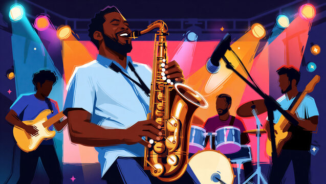 A vibrant jazz band performs live music on stage. A happy saxophonist leads the ensemble, backed by a guitarist and drummer under colorful concert spotlights