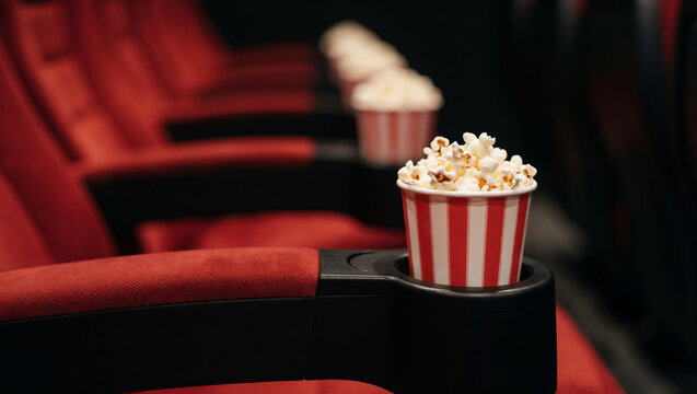 Close-up of a striped popcorn bucket in a cinema seat cup holder. Red theater chair row is visible in soft focus for a movie premiere concept