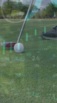 Animation of statistics and data processing over legs of male golf player with golf club and ball