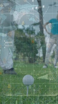 Animation of statistics and data processing over legs of male golf player with golf club and ball