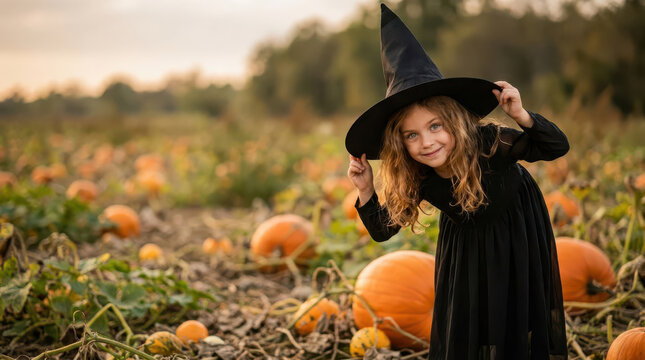 Girl wearing black witch hat and costume standing among pumpkins in an autumn field, smiling and posing for Halloween, surrounded by pumpkin vines and warm evening light in a festive seasonal scene