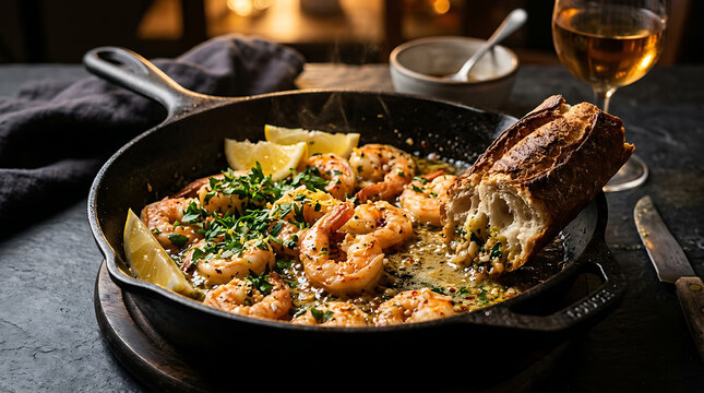 Delicious garlic shrimp scampi served in a black cast iron pan with wine and bread
