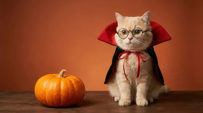 Fluffy cat in a classic vampire costume with red cape and bow sitting beside an orange pumpkin on a wooden table, warm studio backdrop, playful Halloween holiday concept for seasonal content