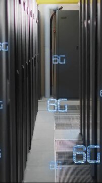 Animation of 6g text, digital data processing over computer servers