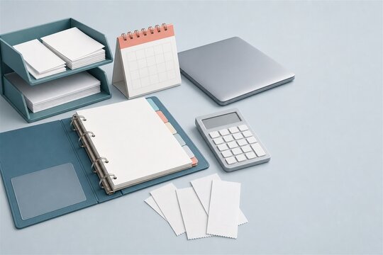経費精算と書類整理のイメージ 領収書とバインダーと電卓の並ぶデスク