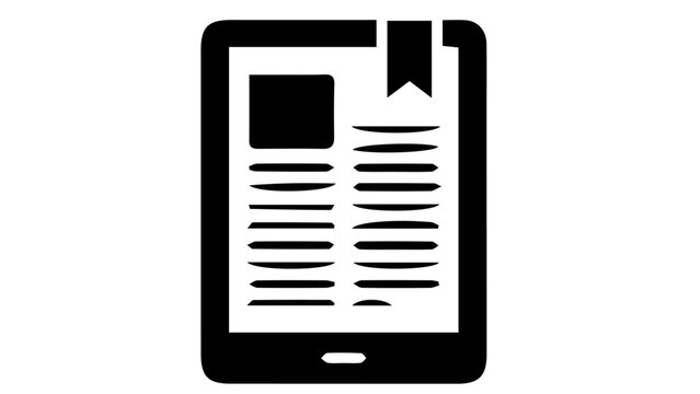 Minimalist ebook reader icon, digital tablet with bookmarked page vector, black and white electronic reading device symbol