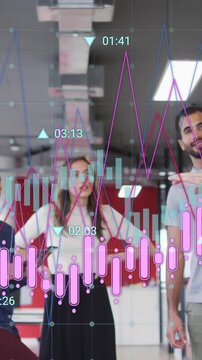 Animation of financial data processing over diverse businesspeople in office