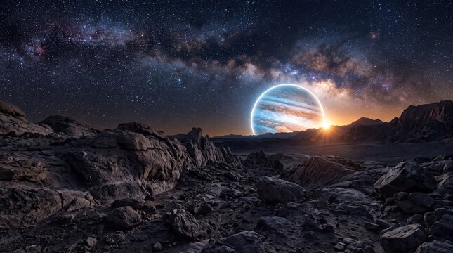 Rocky barren landscape under a star filled night sky with the Milky Way arching overhead, a giant planet near the horizon, and sunrise glow creating a dramatic alien scene for advertising and editoria