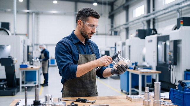 Focused male machinist wearing safety glasses and apron measures a metal component with calipers in a modern manufacturing workshop, quality control and precision engineering work environment