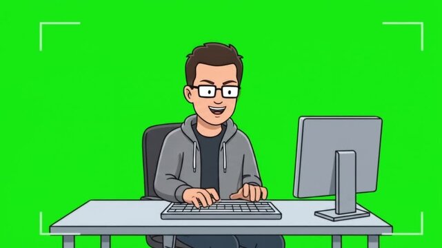 Animated man typing on computer keyboard on green screen background.
