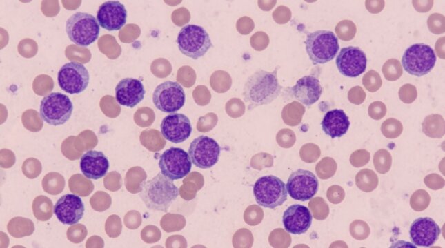 Microscopic View Of Leukemic Blood Cells Under A Microscope With Purple Nuclei Visible