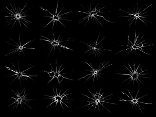 Fototapeta premium Multiple Shattered Glass Impact Patterns Isolated on Black Background. Cracked Surface Texture for Damage, Accident, Security, Breakage, and Abstract Design Concepts