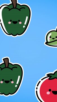 Animation of falling vegetables over blue background
