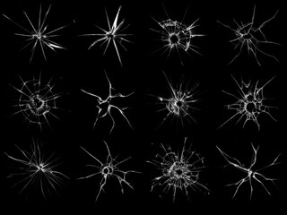 Fototapeta premium Multiple Shattered Glass Impact Patterns Isolated on Black Background. Cracked Surface Texture for Damage, Accident, Security, Breakage, and Abstract Design Concepts
